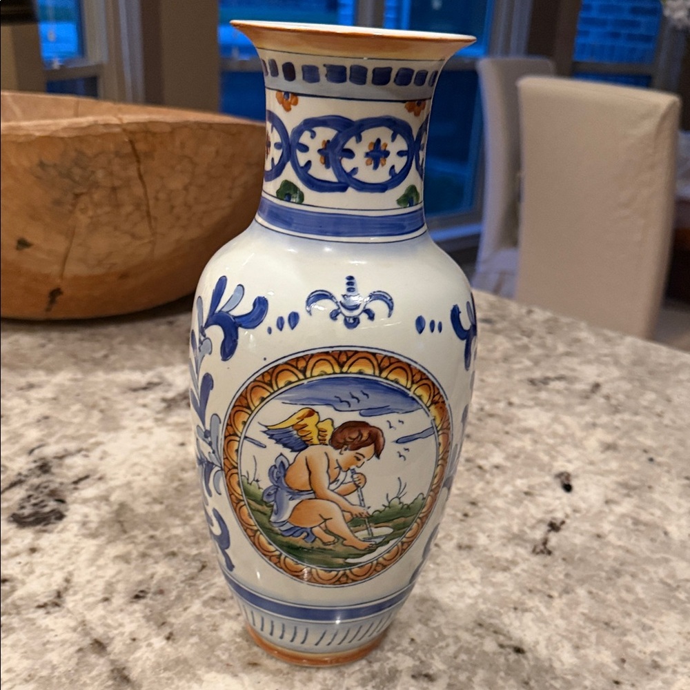Source Unknown Blue and White Cherub Motif Ceramic Vase
